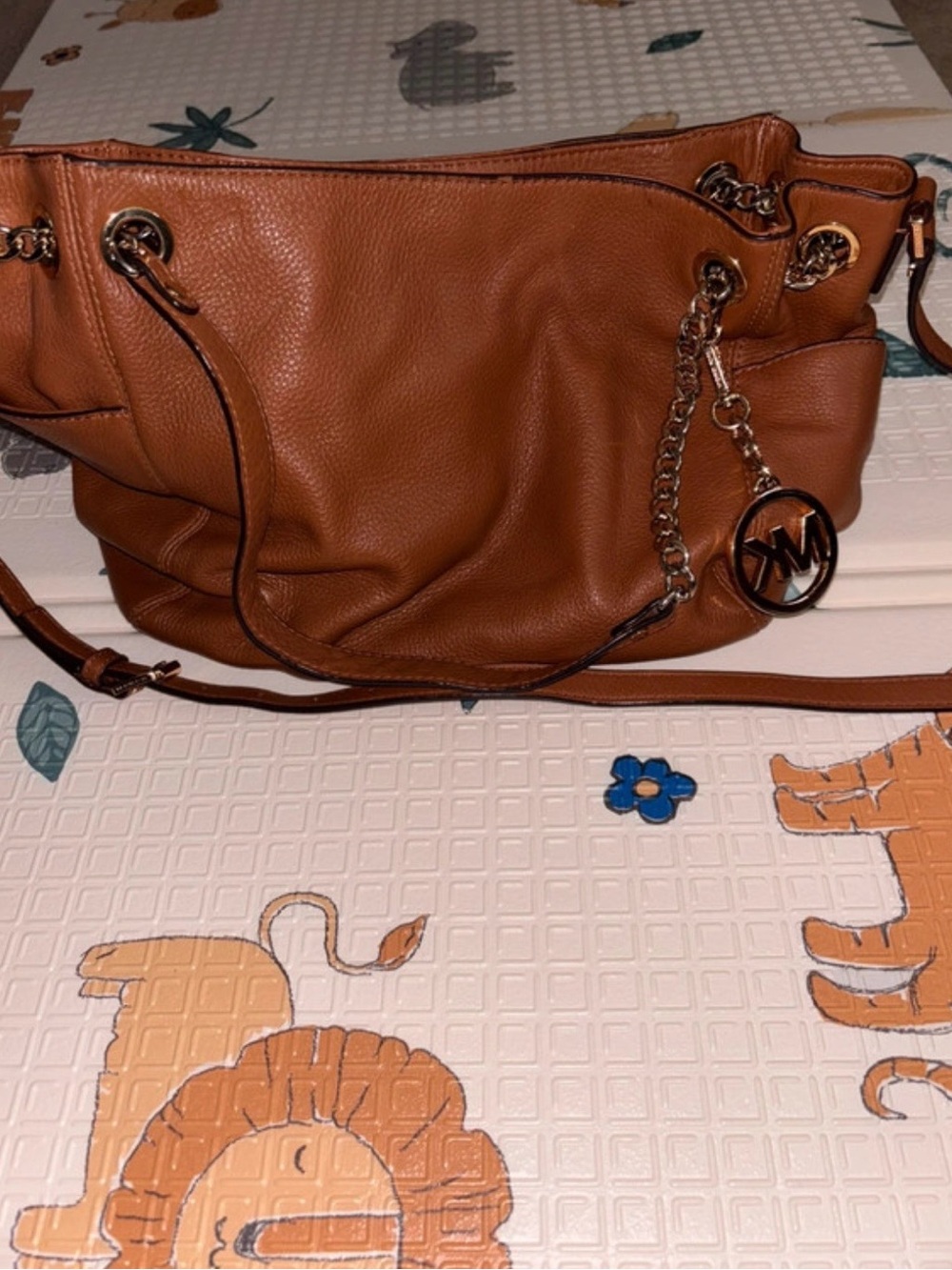 Michael Kors Cognac Pebbled Leather Shoulder Bag with Chain Charm - Picture 10 of 10